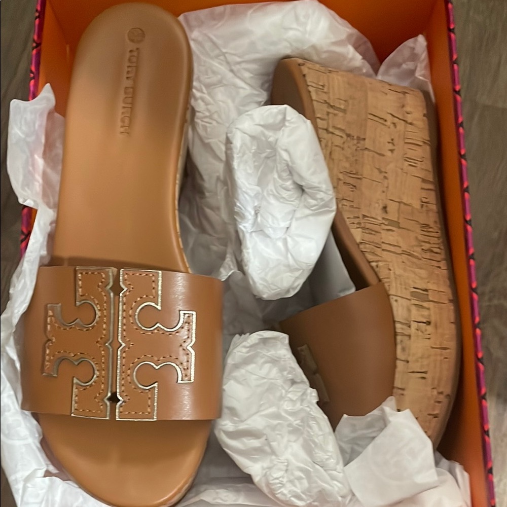 Tory Burch Tan Wedge Sandals with Geometric Pattern